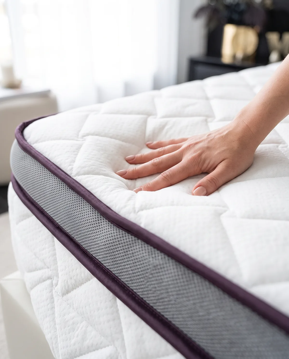 Una mano hundiéndose en el acolchado del Protector Pillow; se ve la banda gris y el ribete
