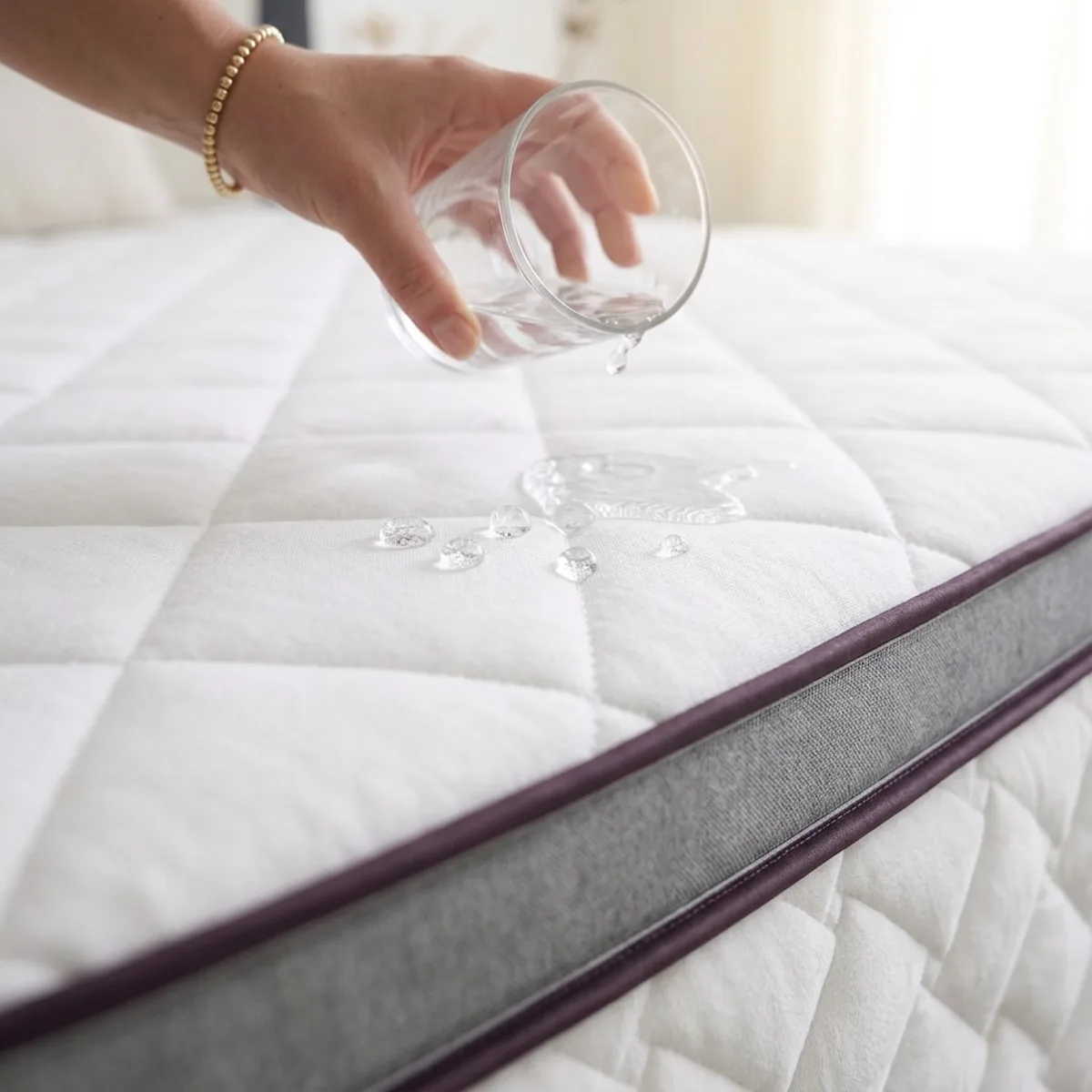 Gotas de agua sobre el acolchado del Protector Pillow: el líquido no pasa