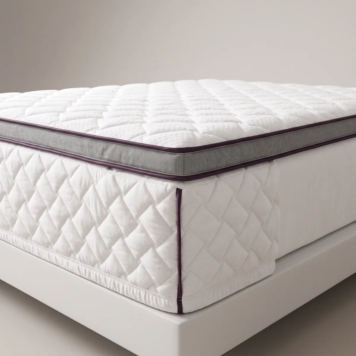 Protector Pillow visto de cerca: acolchado de rombos, banda gris con ribete y faldón con elástico